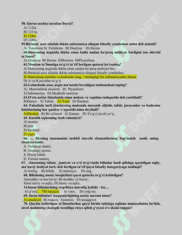 Falsafa fanidan test savollari va javoblari 6