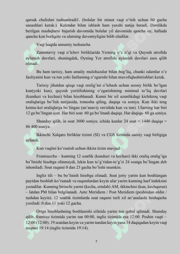 Mavzu: “Boshlang’ich sinf matematika darslarida vaqt birliklari(soat,minut,sekund,asr) ni o’rgatish metodikasi.” KURS ISHI 7