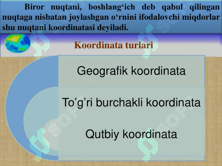 GEODEZIYADA QO‘LLANADIGAN KOORDINATA TIZIMLARI. JOYDAGI NUQTA BALANDLIKLARI 3