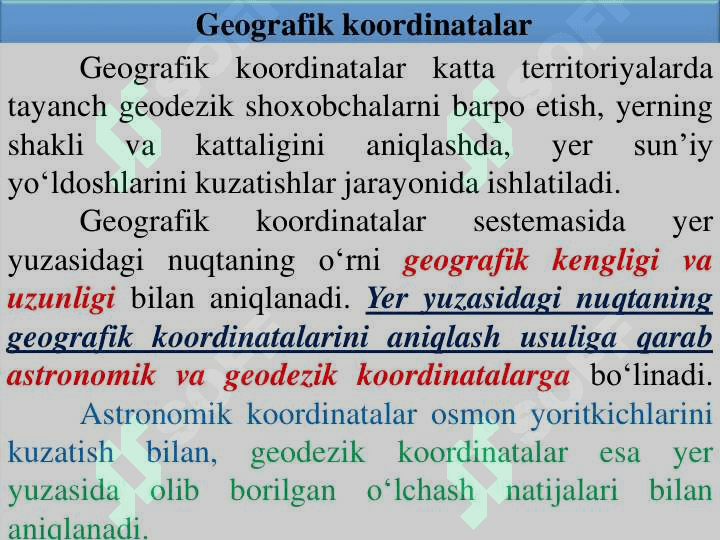 GEODEZIYADA QO‘LLANADIGAN KOORDINATA TIZIMLARI. JOYDAGI NUQTA BALANDLIKLARI 4