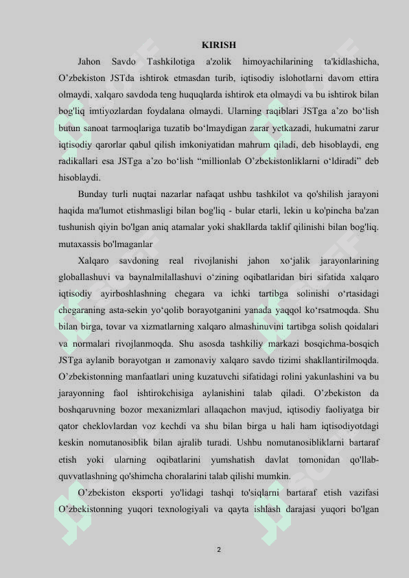 O'ZBEKISTON RESPUBLIKASINING BUTUN JAHON SAVDO TASHKILOTIGA A'ZO BO'LIB KIRISH MASALALARI. 2