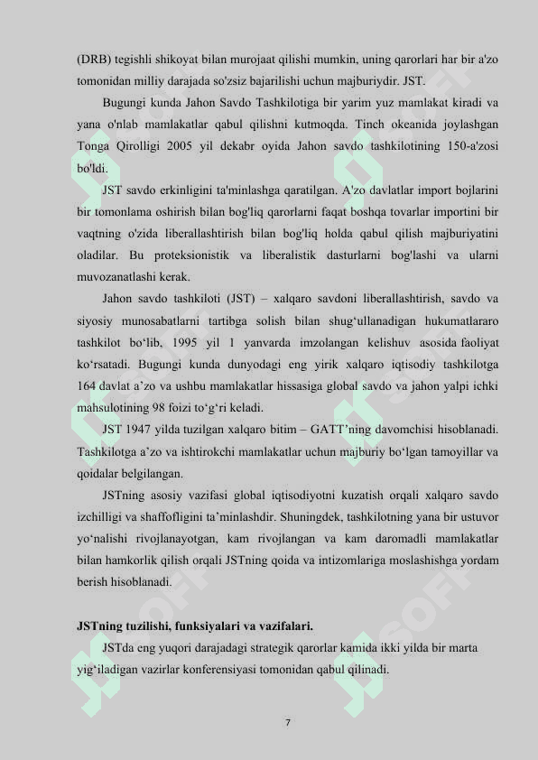 O'ZBEKISTON RESPUBLIKASINING BUTUN JAHON SAVDO TASHKILOTIGA A'ZO BO'LIB KIRISH MASALALARI. 7