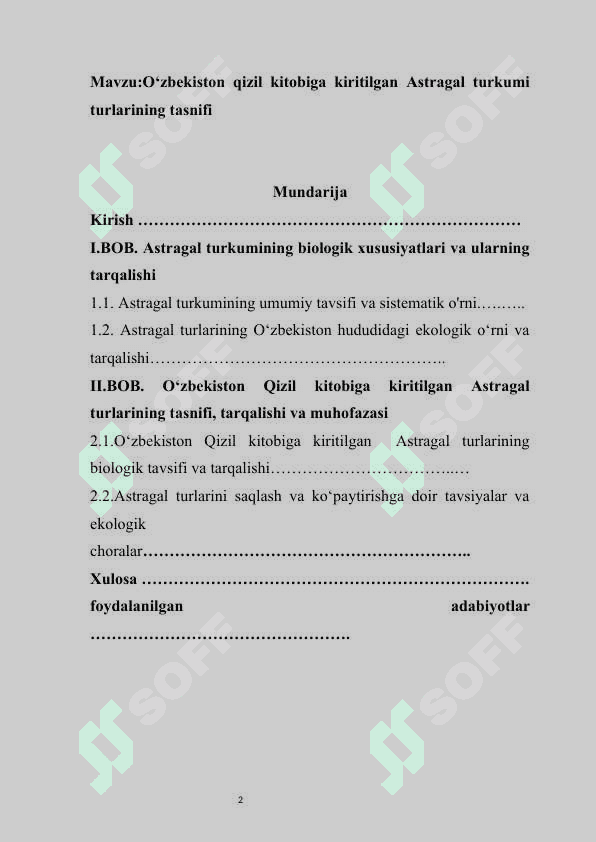 O‘zbekiston qizil kitobiga kiritilgan Astragal turkumi turlarining tasnifi    kurs ishi 2