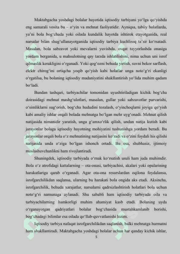 Maktabgacha yoshdagi bolalarni tabiat bilan tanishtirish orqali iqtisodiy tarbiya berishning ahamiyati. 5