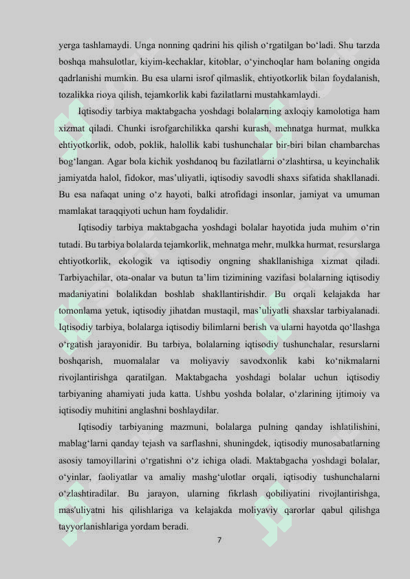 Maktabgacha yoshdagi bolalarni tabiat bilan tanishtirish orqali iqtisodiy tarbiya berishning ahamiyati. 7