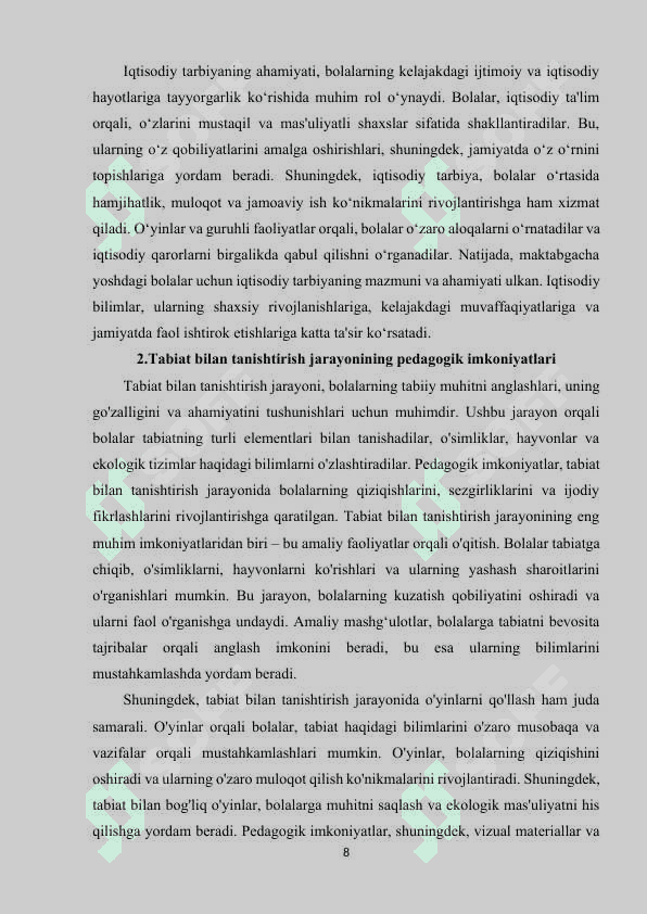 Maktabgacha yoshdagi bolalarni tabiat bilan tanishtirish orqali iqtisodiy tarbiya berishning ahamiyati. 8