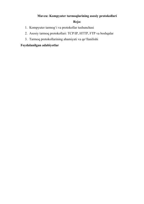 Kompyuter tarmoqlarining asosiy protokollari