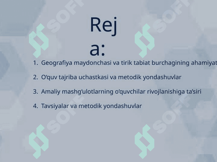 Geografiya maydonchasi, tirik tabiat burchagi, o‘quv tajriba uchastkasida darslarni o‘tkazish metodikasi. Kuzatish va tajribalarni tashkil etish usullarini o‘rganish. 2