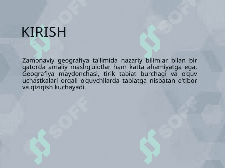 Geografiya maydonchasi, tirik tabiat burchagi, o‘quv tajriba uchastkasida darslarni o‘tkazish metodikasi. Kuzatish va tajribalarni tashkil etish usullarini o‘rganish. 3