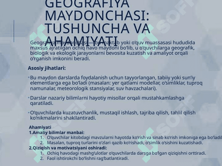 Geografiya maydonchasi, tirik tabiat burchagi, o‘quv tajriba uchastkasida darslarni o‘tkazish metodikasi. Kuzatish va tajribalarni tashkil etish usullarini o‘rganish. 4