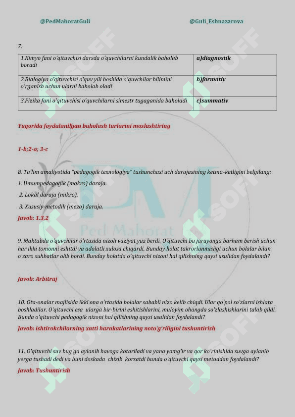 2025-YILGI BAHORGI ATTESTATSIYA JARAYONLARIDA 
SINOVLARNING “PEDAGOGIK MAHORAT VA KASB 
STANDARTI” QISMIDAN TUSHGAN TEST SAVOLLARI 3
