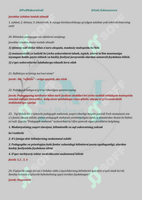2025-YILGI BAHORGI ATTESTATSIYA JARAYONLARIDA 
SINOVLARNING “PEDAGOGIK MAHORAT VA KASB 
STANDARTI” QISMIDAN TUSHGAN TEST SAVOLLARI 5