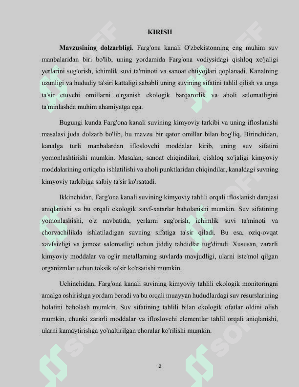 Farg'ona kanali suvining kimyoviy tahlili 2