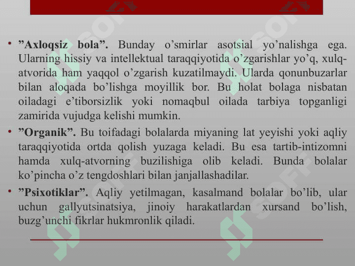 XULQ – ATVORDAGI “SALBIY OG’ISH”LAR TIPOLOGIYaSI VA XULQ OG’ISHINING SHAKLLANISHI 5