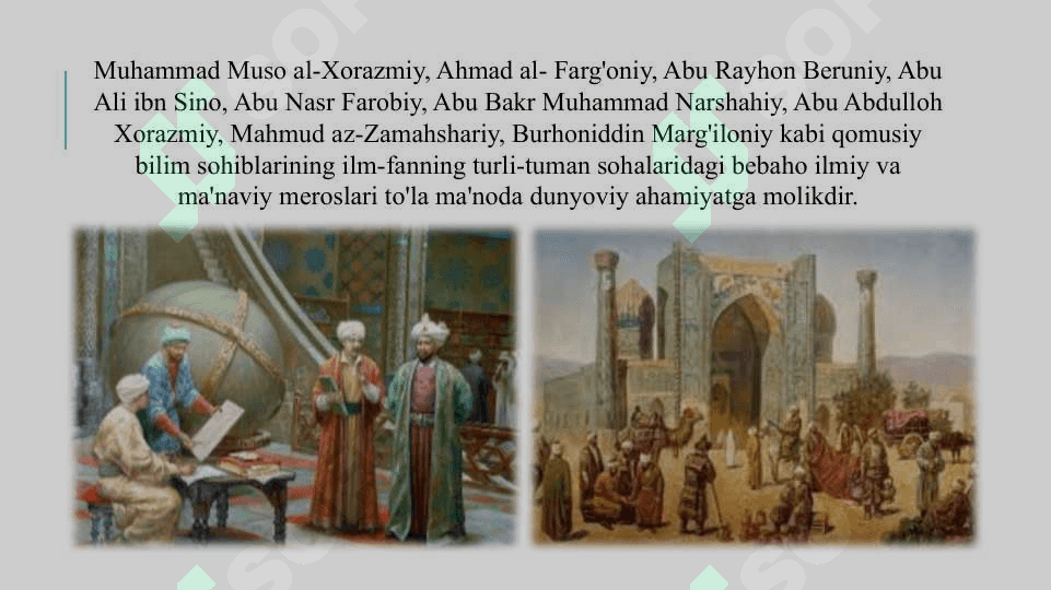 IX-XII ASRLARDA MAMLAKATIMIZ HUDUDIDA RO‘Y BERGAN MADANIY UYG‘ONISH, BUYUK ALLOMALARNING JAHON SIVILIZATSIYASIGA QO‘SHGAN HISSASI 6