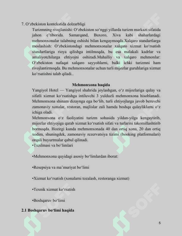 Mehmonxona, Amaliyot hisoboti 6