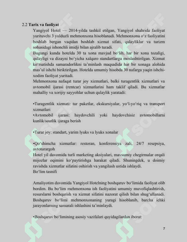 Mehmonxona, Amaliyot hisoboti 8