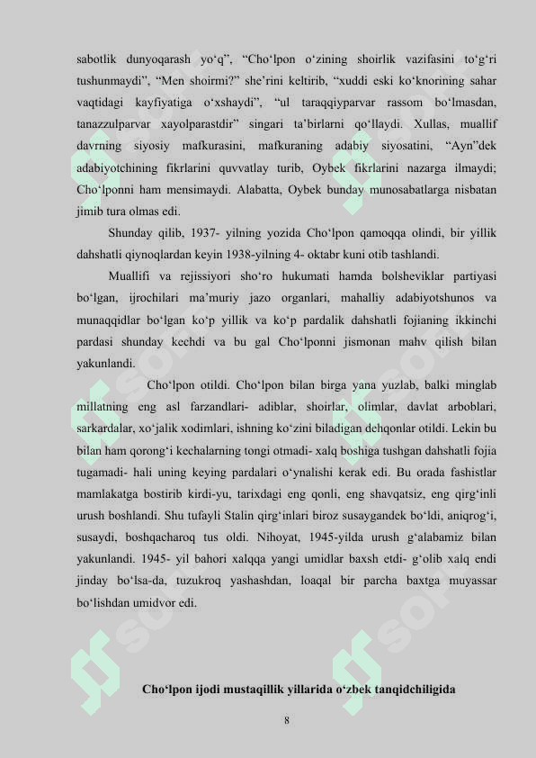 Cho'lpon ijodi va mustaqillik davri O'zbek adabiyoti 8