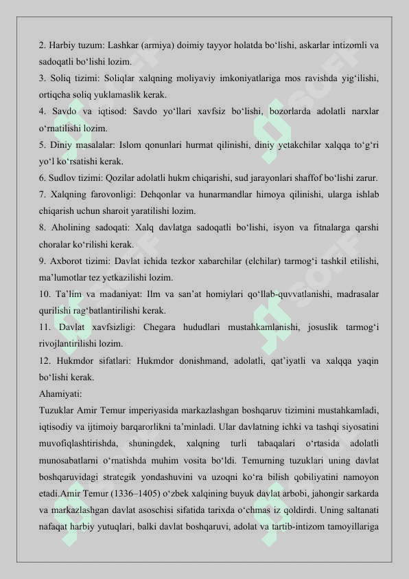 Amir Temurning el yurtni o‘z tasarrufi va itoatida tutish uchun tuzgan o‘n ikki tuzugi  25 3