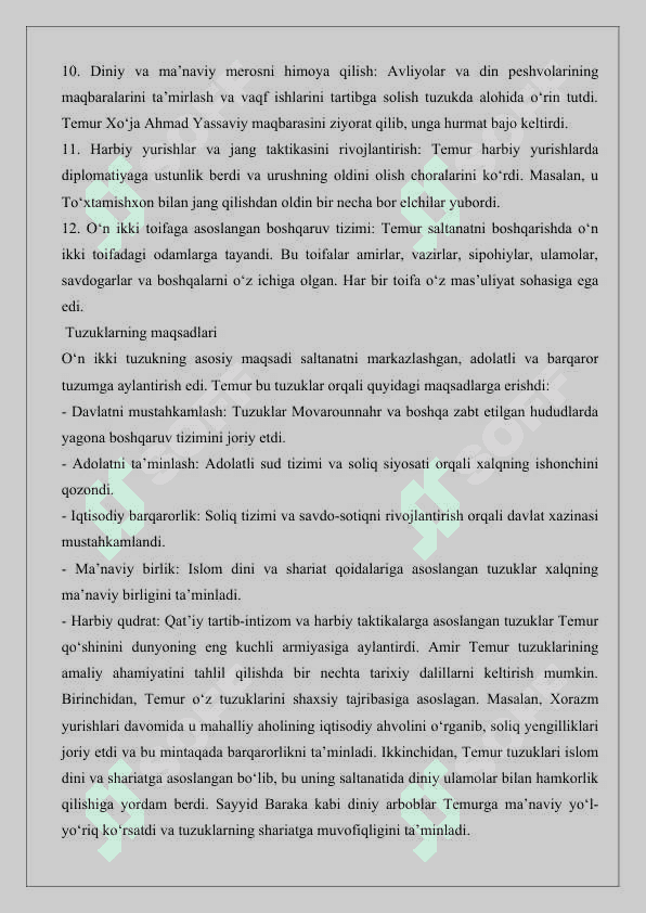 Amir Temurning el yurtni o‘z tasarrufi va itoatida tutish uchun tuzgan o‘n ikki tuzugi  25 7