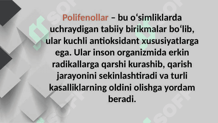 Polifenollar Polifenollar tushunchasi  va ahamiyati   Polifenollarning turlari  va manbalari   Polifenollarning turlari  va manbalari   Tibbiyot va kundalik hayotda  qo‘llanilishi 4