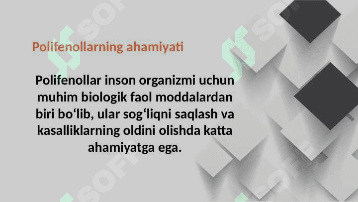 Polifenollar Polifenollar tushunchasi  va ahamiyati   Polifenollarning turlari  va manbalari   Polifenollarning turlari  va manbalari   Tibbiyot va kundalik hayotda  qo‘llanilishi 5