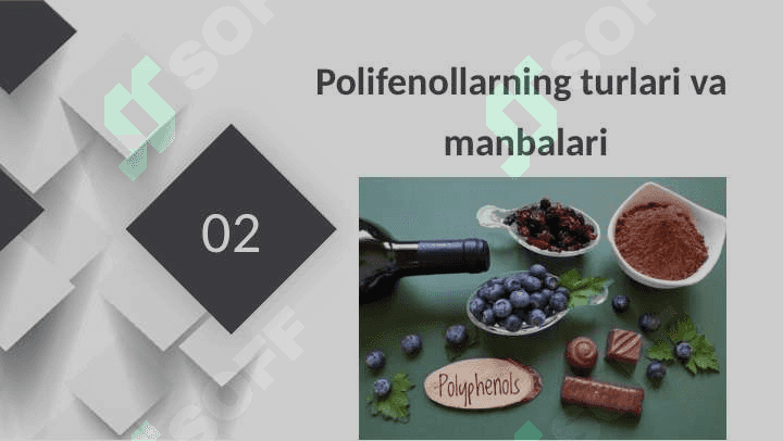 Polifenollar Polifenollar tushunchasi  va ahamiyati   Polifenollarning turlari  va manbalari   Polifenollarning turlari  va manbalari   Tibbiyot va kundalik hayotda  qo‘llanilishi 7
