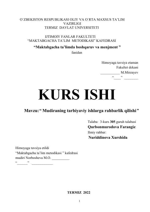 Mudiraning tarbiyaviy ishlarga rahbarlik qilishi