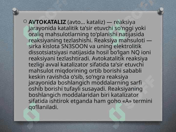 Analitik kimyoda avtokatalik reaksiya va uni bajarish usuli. Katalizator 2