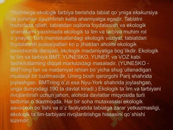 TABIATNI MUHOFAZA QILISH VA UNDAN FOYDALANISHNING EKOLOGIK, IJTIMOIY IQTISODIY VA SIYOSIY JIHATLARI 6