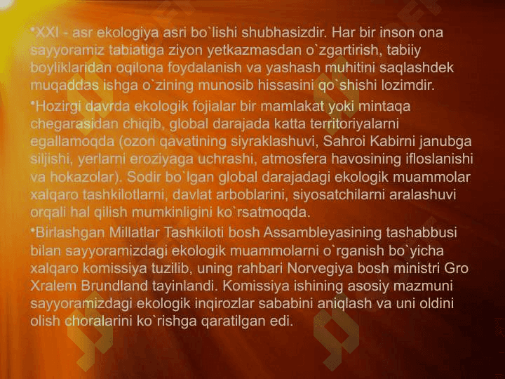 TABIATNI MUHOFAZA QILISH VA UNDAN FOYDALANISHNING EKOLOGIK, IJTIMOIY IQTISODIY VA SIYOSIY JIHATLARI 8