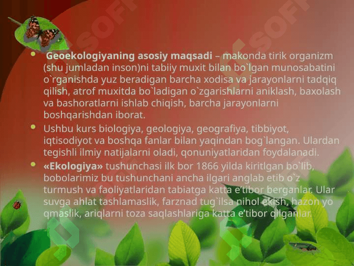 Geoekologiya fanining tadqiqot ob`yekti va predmeti maqsadi va vazifasi 3