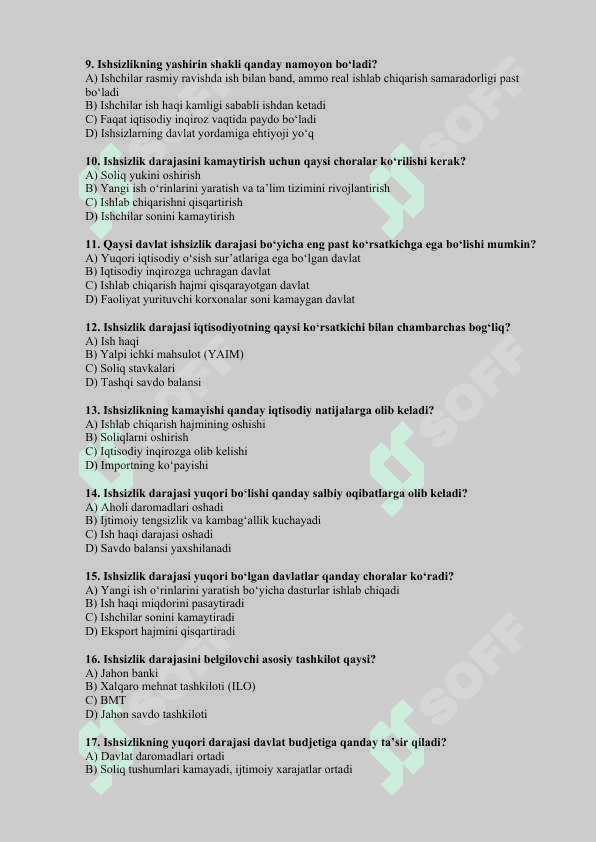 Ishsizlikning kelib chiqish sabablari va namoyon bo‘lish shakllari test 2