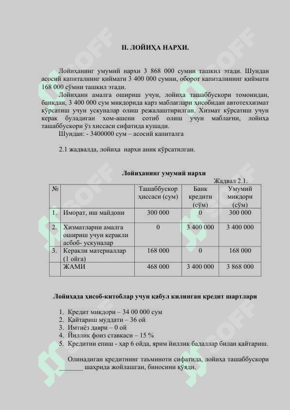 Автомобилларни ювиш шoхобчасини ташкил этиш бўйича  БИЗНЕС-РЕЖА 3