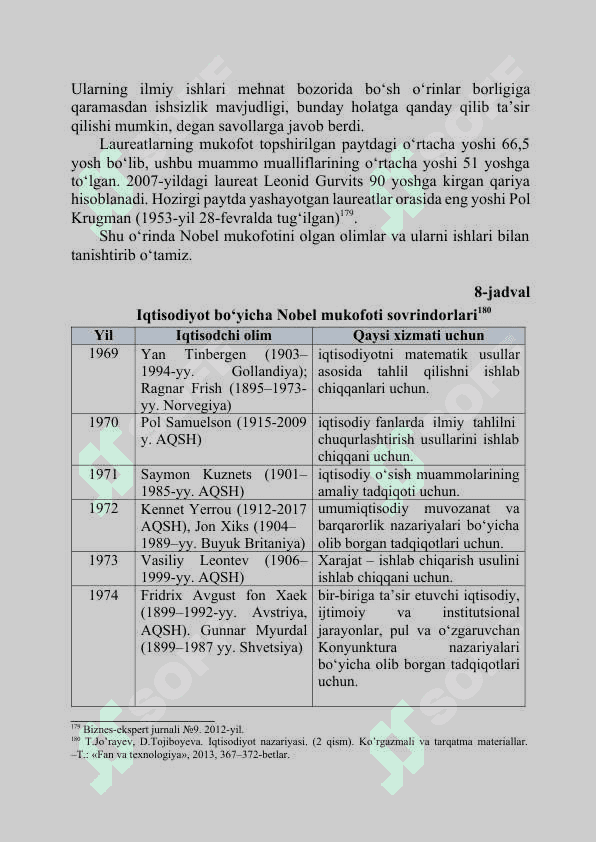 IQTISODIYOT BO‘YICHA NOBEL MUKOFOTI LAURIATLARINING G‘OYALARI 2