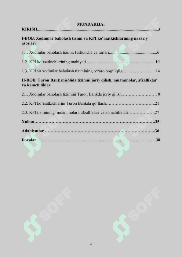 Xodimlar baholash yo'llari va kpi ko'rsatkichlarining tijorat banklarida qo'llanishi (turon bank misolida) 2
