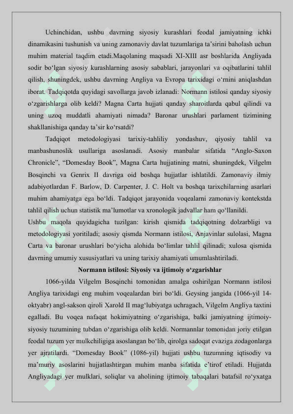 XI-XIII asr boshlarida Angliyada siyosiy kurash tarixiga oid ilmiy tadqiqotlar  25 3