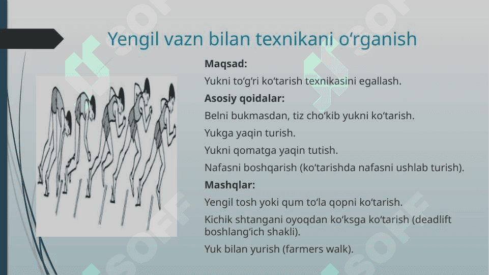 Yukni ko‘tarish va ko‘tarib yurish mashqlarini bajarishga o‘rgatish 4