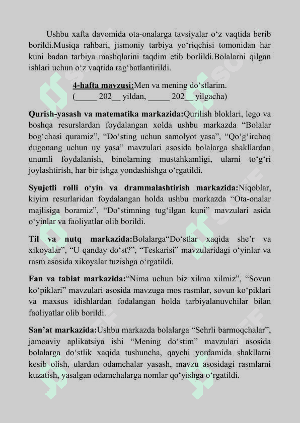 Yillik hisobot (o’rta gurux) Maktabgacha ta'lim tashkiloti (bog'cha) 4