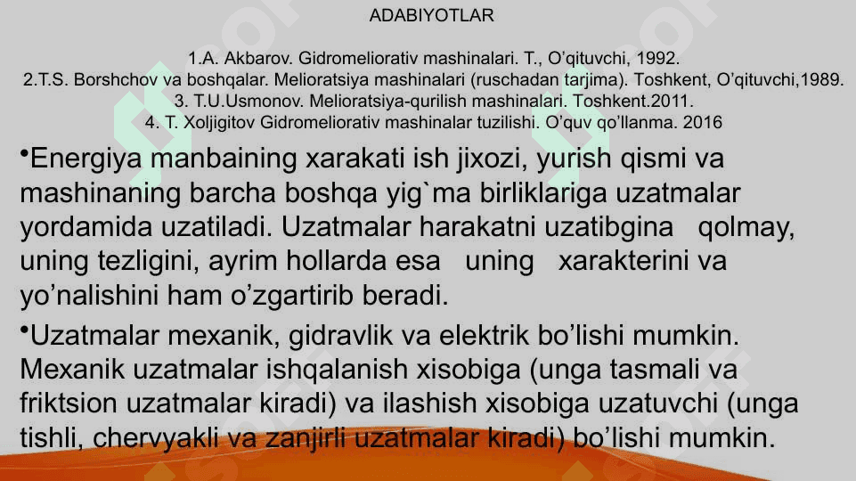 Gidromeliorativ mashinalarning kuch uzatmalari Gidravlik yuritmalar 2