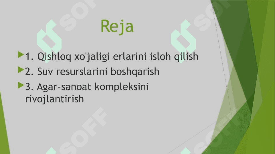 O'zbekiston Respublikasi qishloq xo'jaligida islohotlarni chuqurlashtirish borasidagi qonun va qarorlarni urganish va ishlab chiqarishda qulash 2