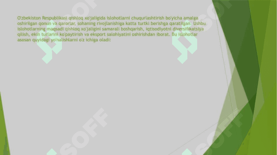 O'zbekiston Respublikasi qishloq xo'jaligida islohotlarni chuqurlashtirish borasidagi qonun va qarorlarni urganish va ishlab chiqarishda qulash 3