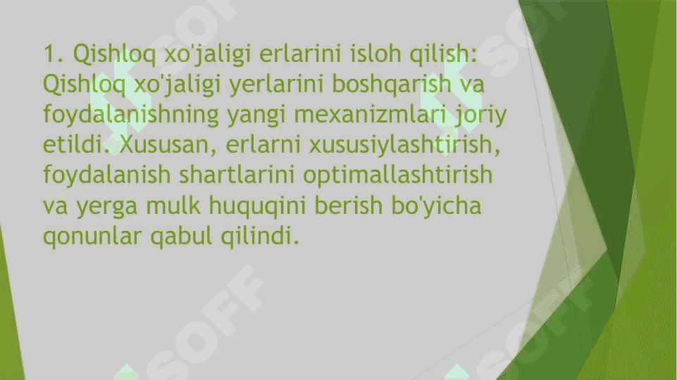 O'zbekiston Respublikasi qishloq xo'jaligida islohotlarni chuqurlashtirish borasidagi qonun va qarorlarni urganish va ishlab chiqarishda qulash 4