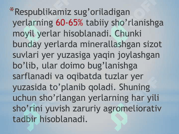 O’rtacha va kuchli sho’rlangan yerlarni o’zlashtirish texnologiyasi va ulardan samarali foydalanish yo’llari 2
