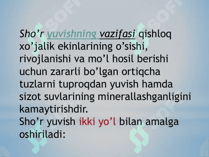O’rtacha va kuchli sho’rlangan yerlarni o’zlashtirish texnologiyasi va ulardan samarali foydalanish yo’llari 3