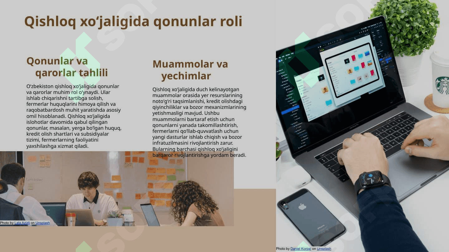 O'zbekiston respublikasi qishloq xoʻjaligida islohotlarni chuqurlashtirish borasidagi qonun va qarorlarni oʻrganish va ishlab chiqarishda qollash 4
