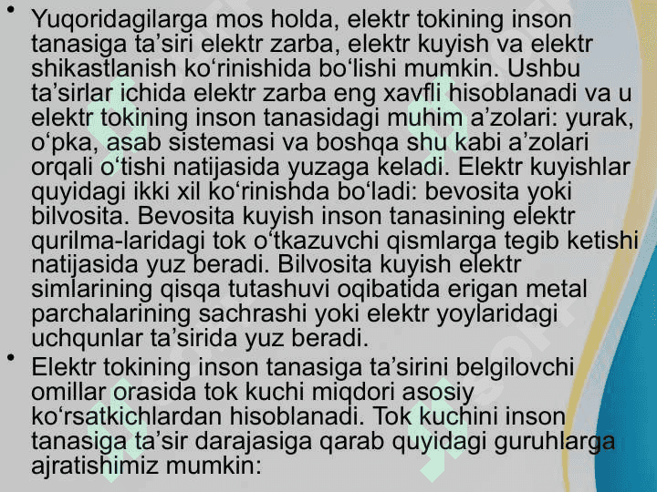 Elektromagnit maydoning tavsifi, O’zgaruvchan elektromagnit maydoning inson organizmiga tasiri. 8