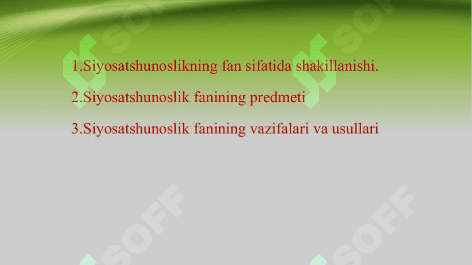 O’zbekistonda demokratik jamiyat qurish nazariyasi va amaliyoti fanining predmeti, maqsadi va vazifalari . Siyosatshunoslik 2