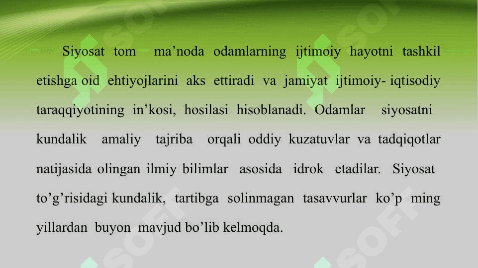 O’zbekistonda demokratik jamiyat qurish nazariyasi va amaliyoti fanining predmeti, maqsadi va vazifalari . Siyosatshunoslik 7