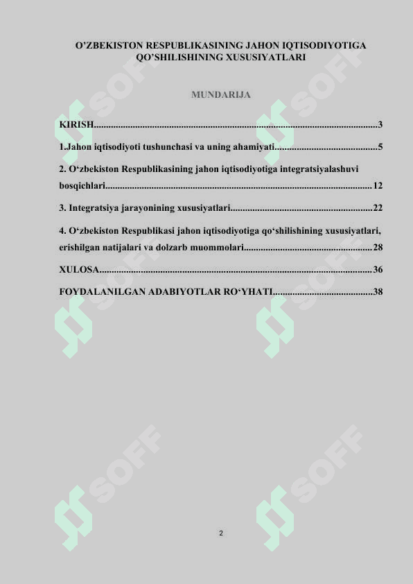 O’ZBEKISTON RESPUBLIKASINING JAHON IQTISODIYOTIGA QO’SHILISHINING XUSUSIYATLARI 2
